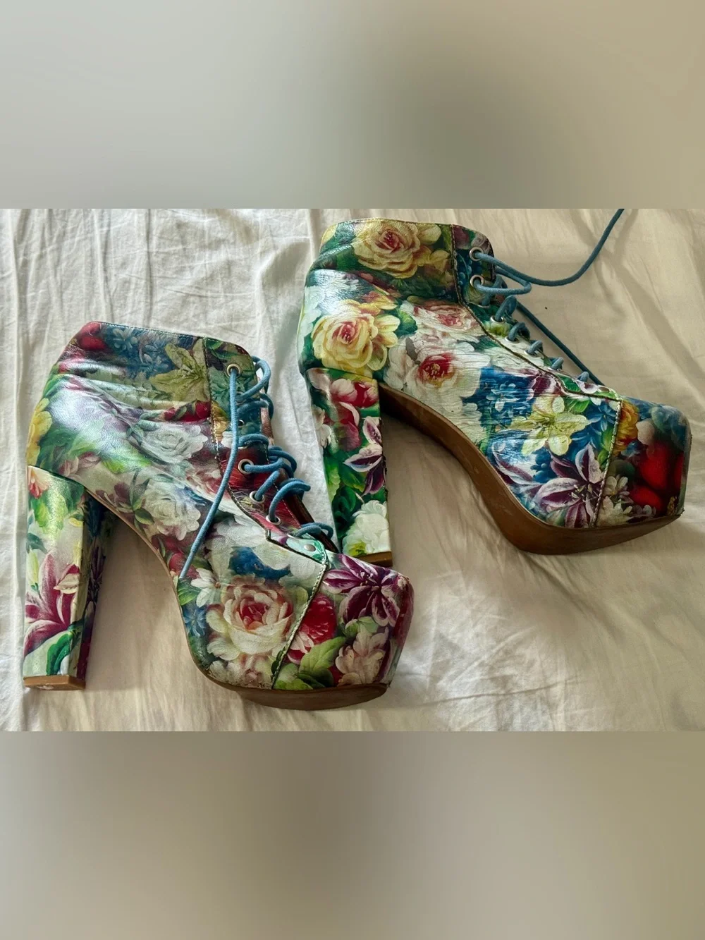 JEFFREY CAMPBELL Leather Floral Lace-Up Platform Heels SZ 9 Lita Style - Picture 3 of 11